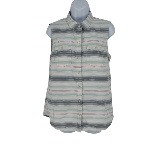 Eddie Bauer Tops - Eddie Bauer White Striped Button Down Chest Pockets Sleeveless Tech Shirt Small